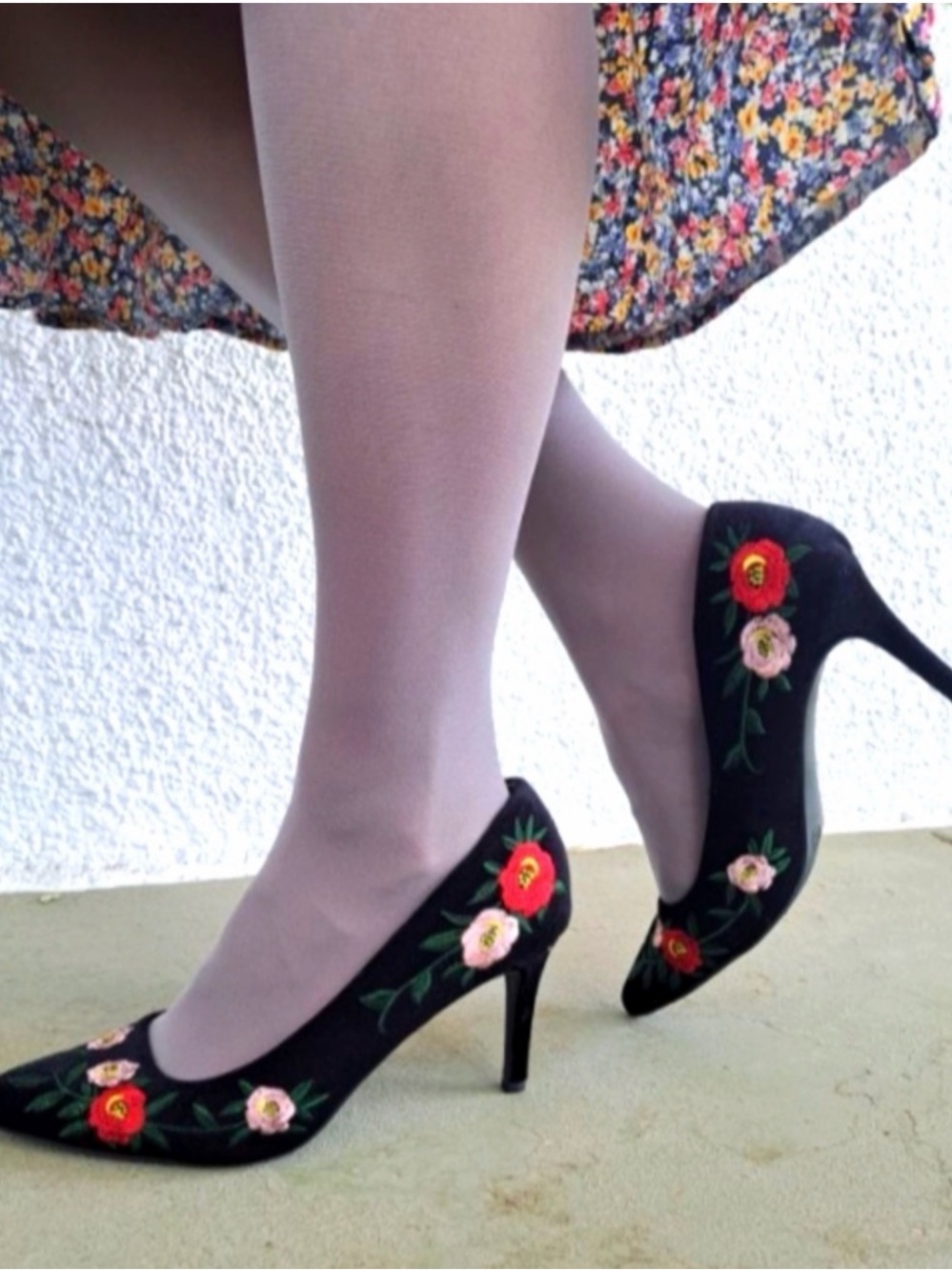 a new day Black Velvet Pointed-Toe Pumps with Red and Pink Floral Embroidery - Picture 2 of 8